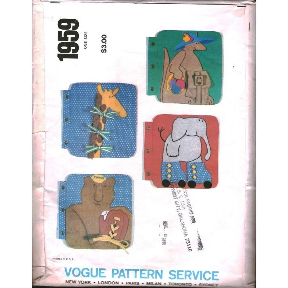 Vintage 1978 Vogue Patterns 1959 Its a Zoo Quiet Book Teaching Pets Pattern FF